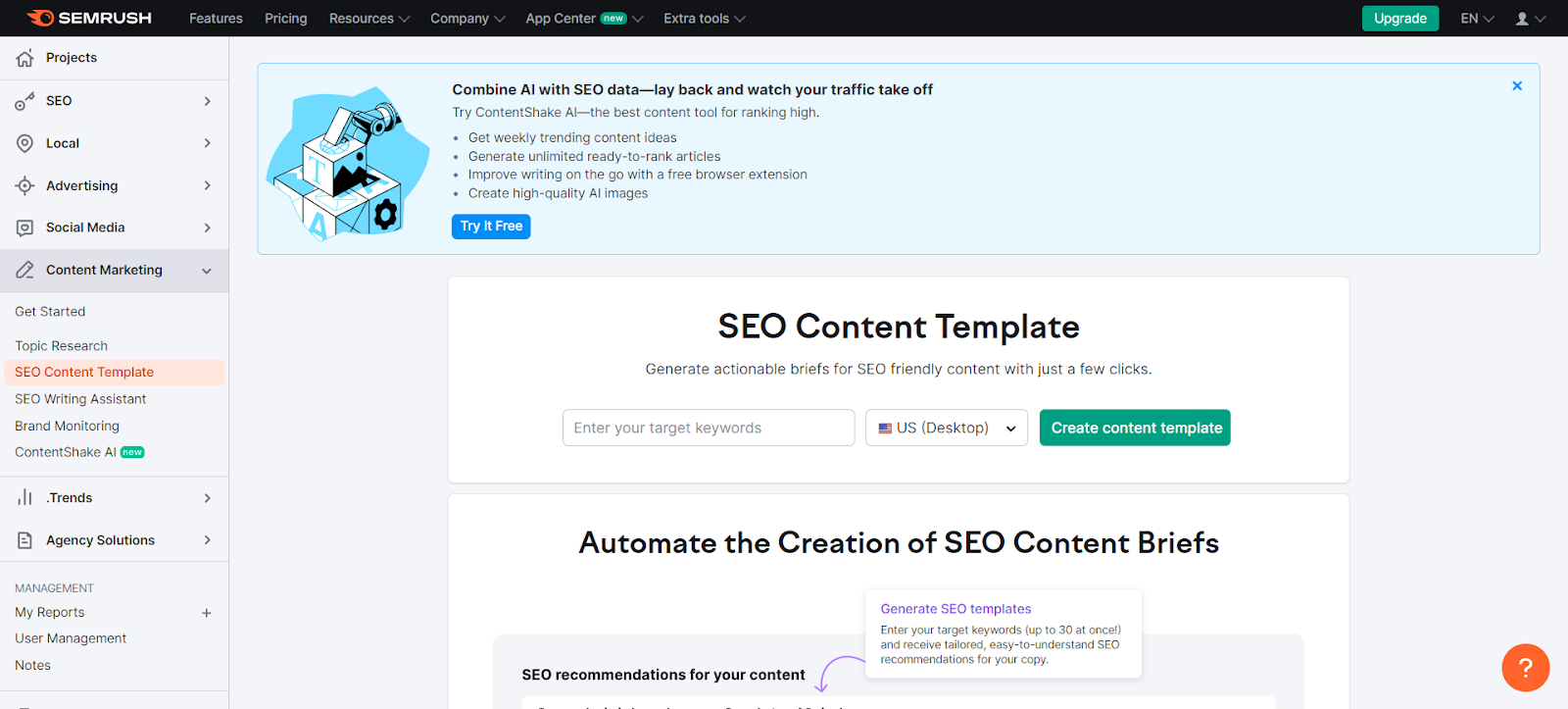 A screenshot of Semrush SEO Content Template's website