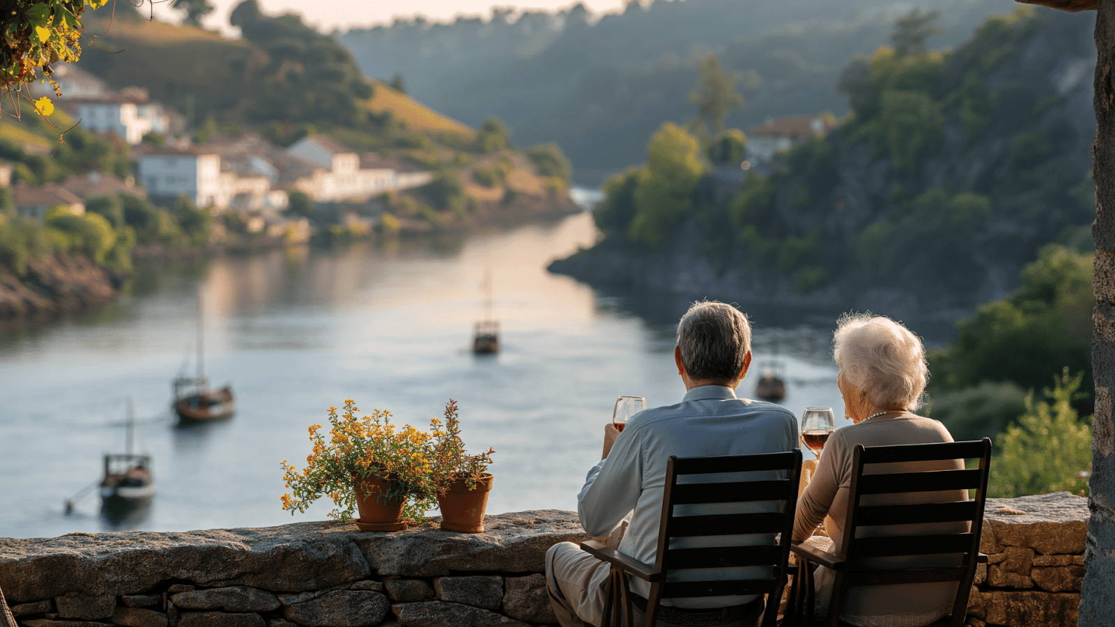 An elderly couple sipping wine overlooking the river from their wine country cottage rental