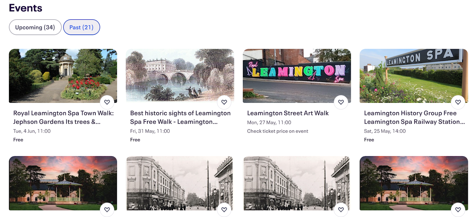 Screenshot of upcoming events on an Eventbrite page