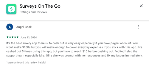 A 5-star Google Play Store review from a Surveys On The Go user who finds it easy to cash out and to make enough money to cover some everyday expenses. 