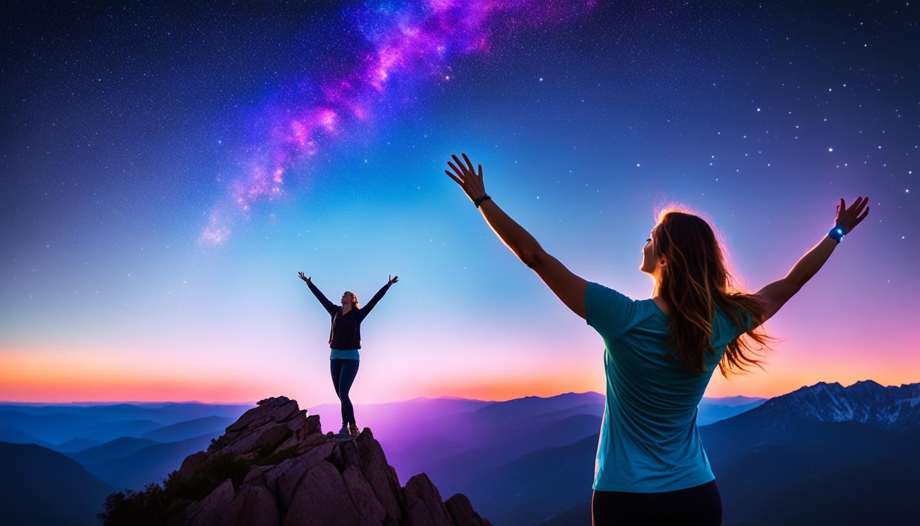 A woman standing on a mountaintop reaching out her hand to a glowing silhouette of her ideal partner. The silhouette is made up of colorful energy and their arms are stretched out to meet each other. The sky is filled with stars and streaks of light, signifying the universe aligning to bring them together. The woman has a confident and positive expression on her face, radiating with hope and belief in finding true love.