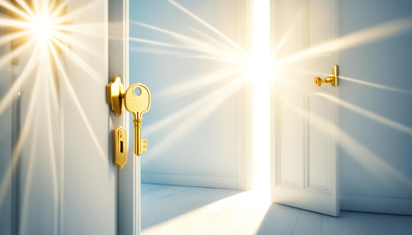 A golden key unlocking a door to a world of abundance, with rays of light shining through the doorway and illuminating a path towards success.