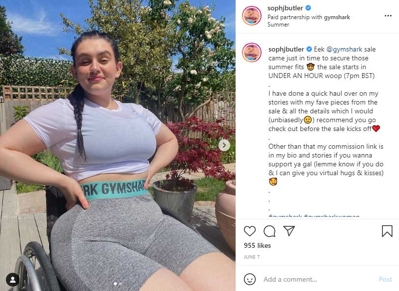 sophjbutler models gymshark in wheelchair