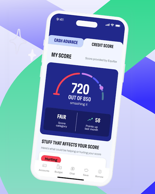 The Cleo Credit Builder Secured Visa website, featuring the app showing the options for a cash advance and credit score monitoring, 