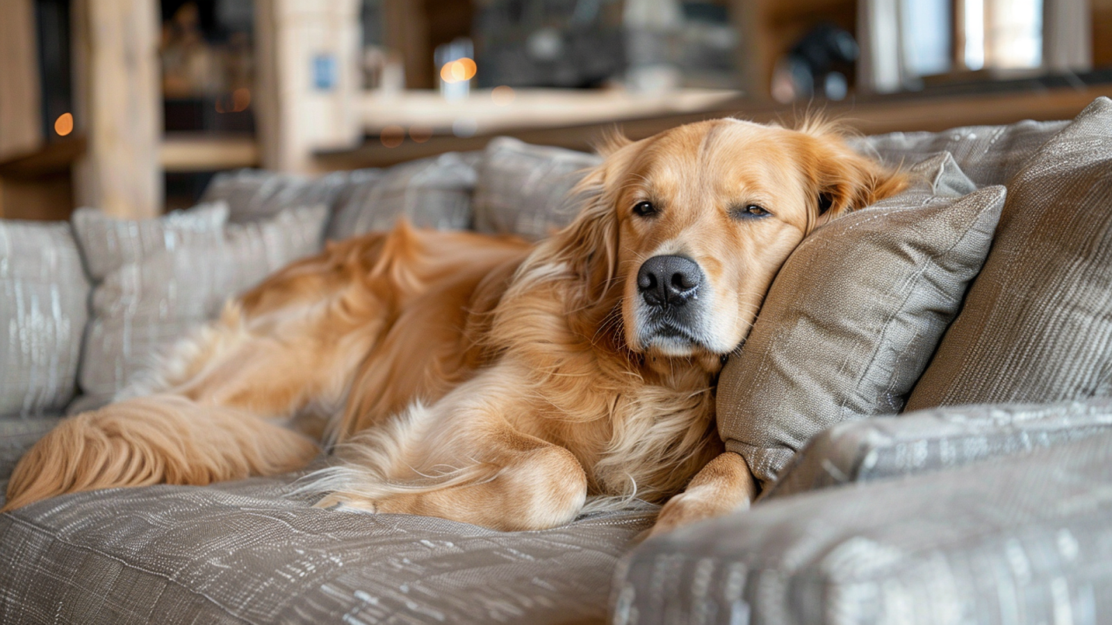A dog relaxing on the couch of a pet-friendly vacation home in Courchevel