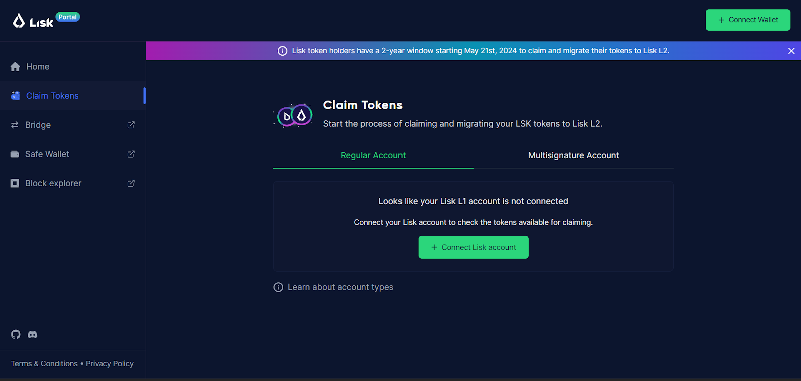 Screenshot of the Lisk Portal Claim Tokens page