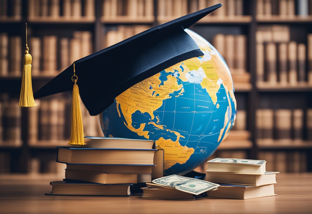 A globe surrounded by books and a graduation cap, with currency symbols floating around, representing global education and financial planning