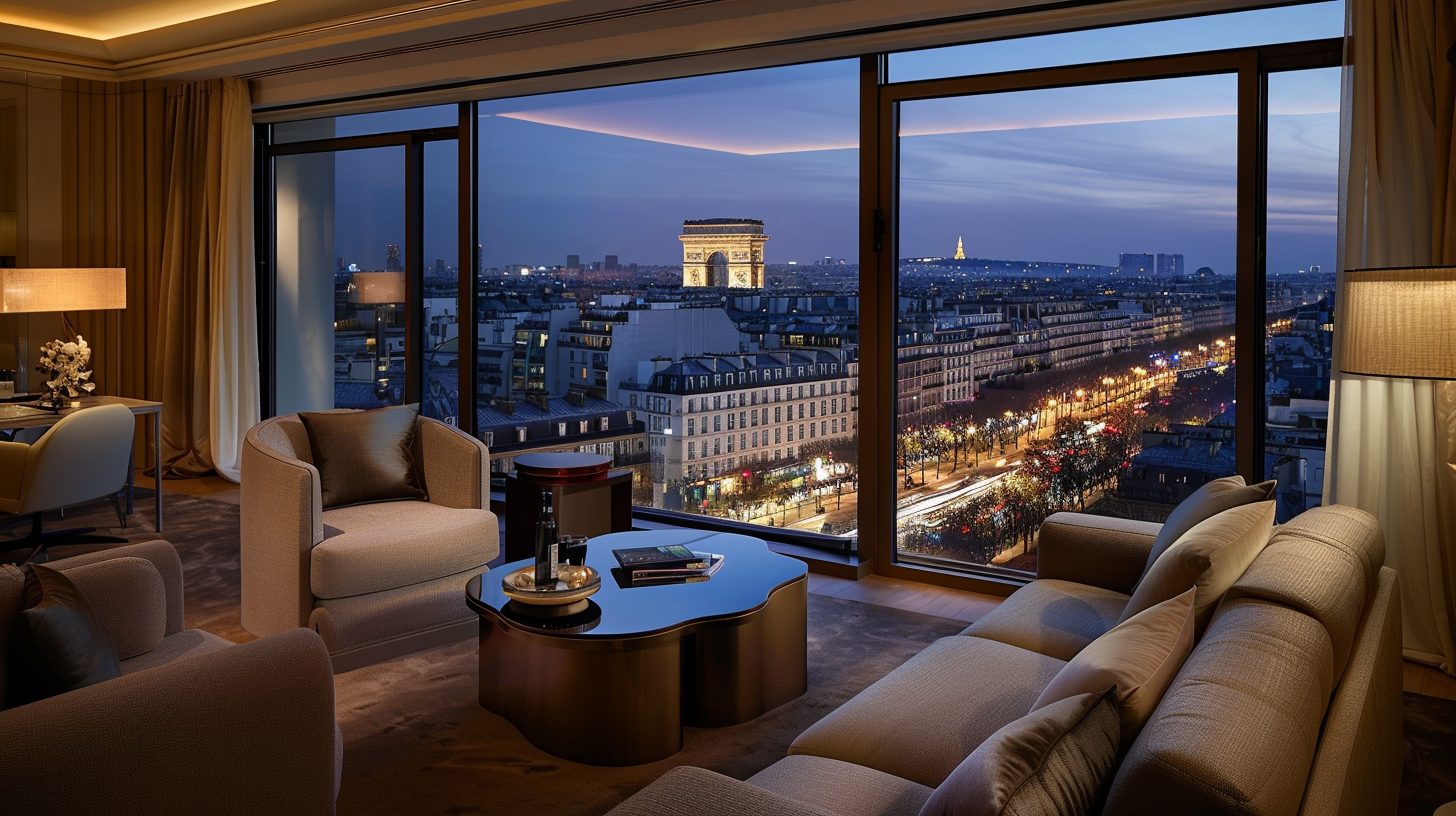 A panoramic view of Paris from a luxury suite on the Champs-Élysées.