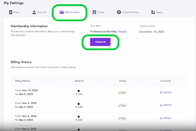 To unpause the plan, simply visit the Membership tab in Settings and click Unpause.