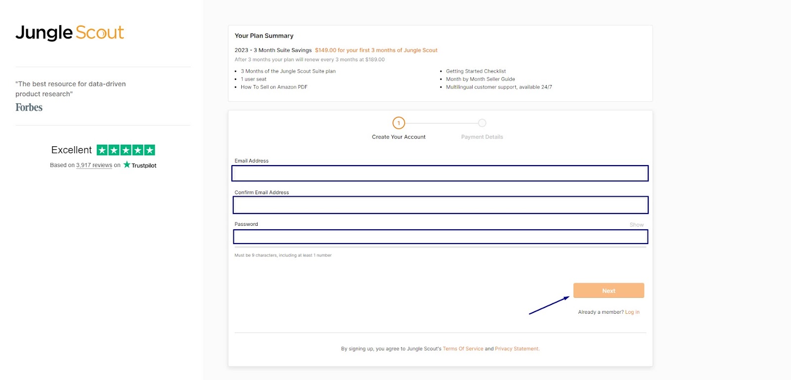 Enter your email address and create a secure password