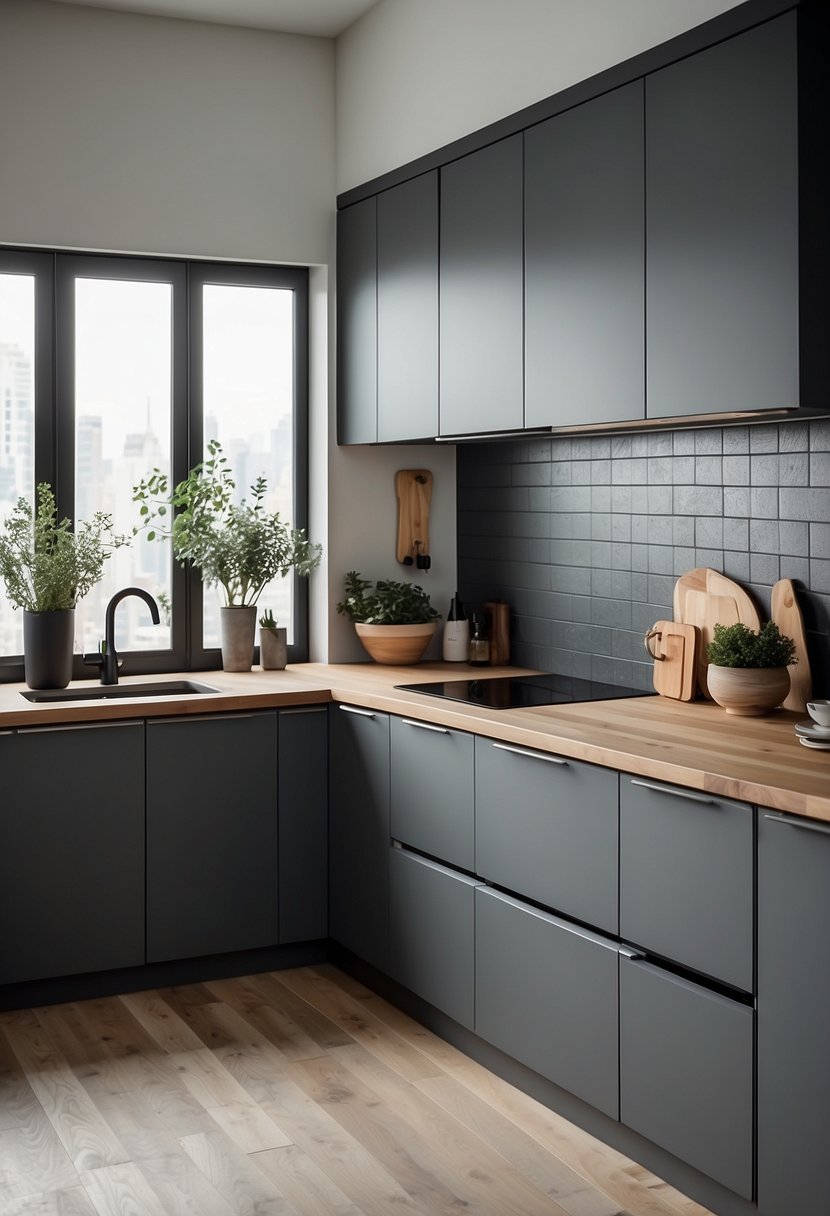 Sleek gray cabinets with minimalist handles line the kitchen, creating a modern and clean aesthetic