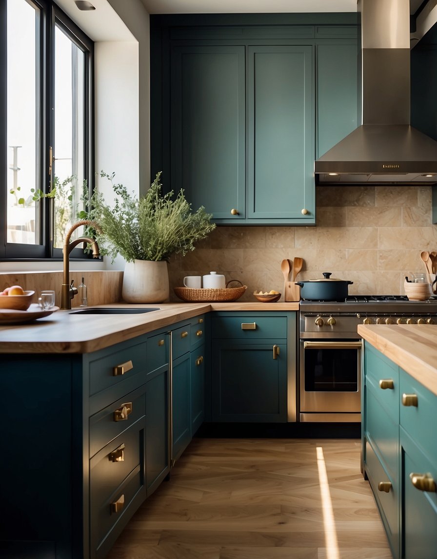 A modern kitchen with sleek, colorful cabinets and stylish hardware. Bright natural lighting illuminates the space, highlighting the trendy cabinet colors