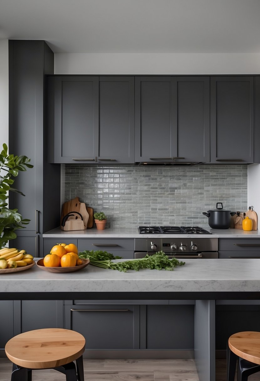 The kitchen features sleek gray cabinets and subway tile backsplash