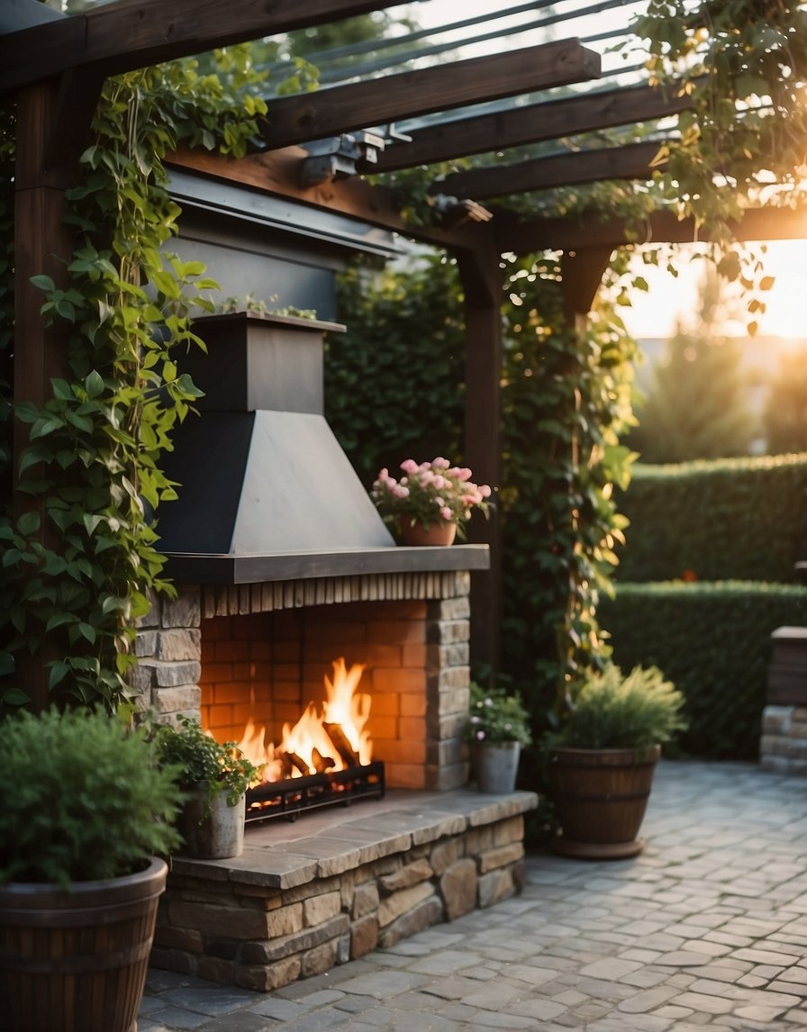 A pergola stands in a backyard, adorned with climbing vines and flowers. An outdoor fireplace is nestled within, surrounded by cozy seating for entertaining