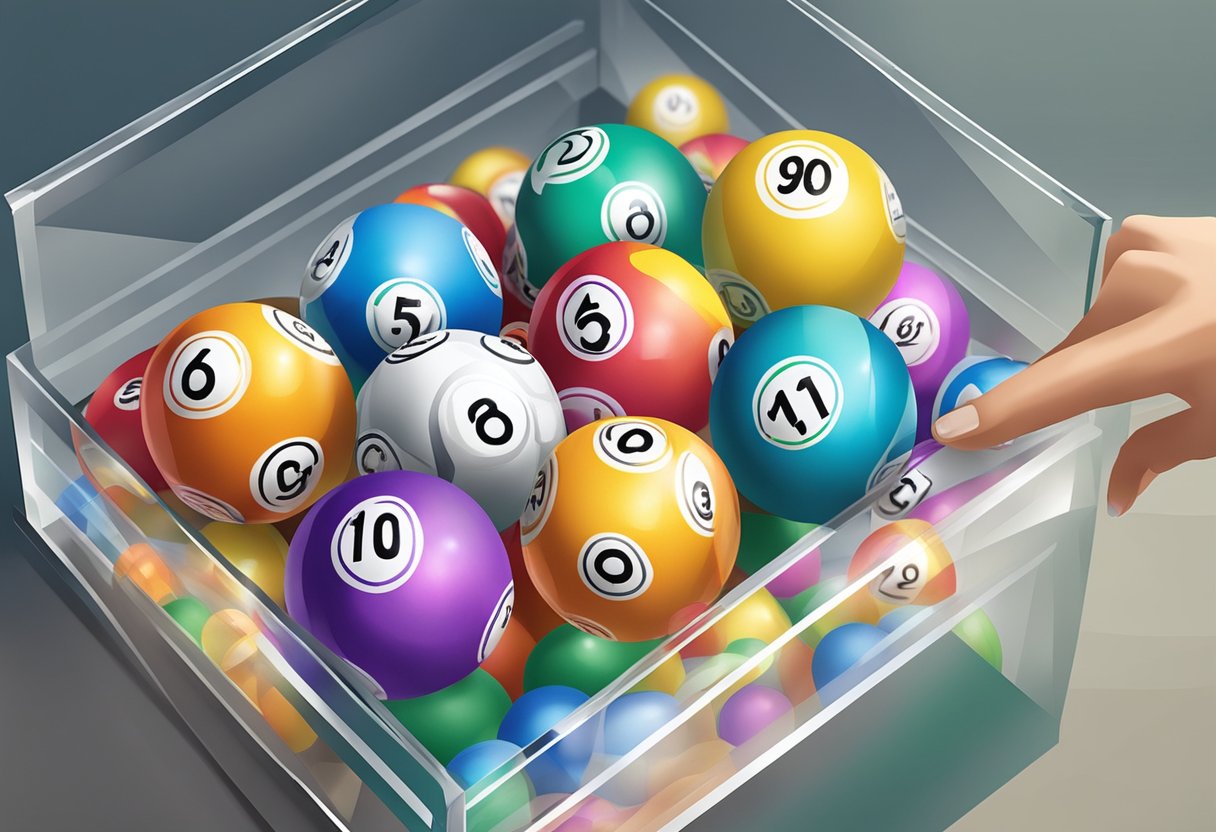 Lottery balls spinning in a clear, glass chamber. A hand reaching in to select a ball
