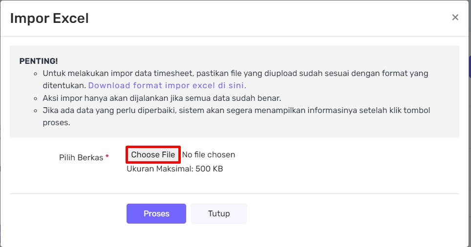 Tampilan Fitur Timesheet Impor Excel