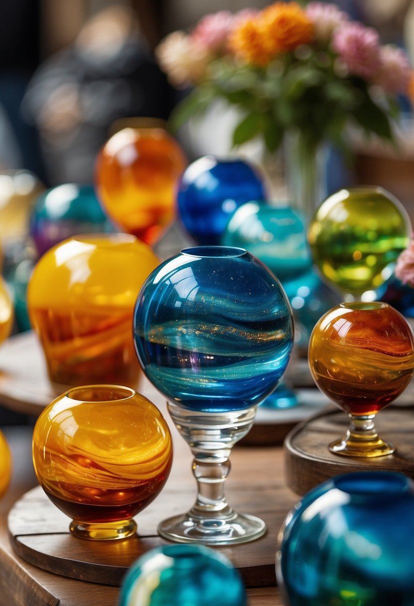 A colorful array of glass paintings displayed on a table, showcasing intricate designs and vibrant colors. The paintings are arranged neatly, ready to be sold at a craft fair or market