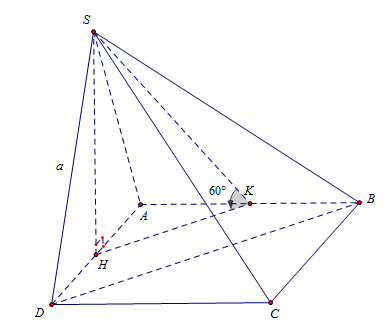 Cho hình chóp (S.ABCD) có đáy (ABCD) là hình vuông, tam giác (SAD) cân tại (S) và nằm trong mặt phẳng vuông góc với đáy (ABCD). Biết (SD = a), gọi (K) là trung điểm của (AB), góc giữa đường thẳng (SK) với mặt phẳng đáy bằng (60^circ ). Tính thể tích <em>V</em> của khối chóp (S.ABCD).</p> 1