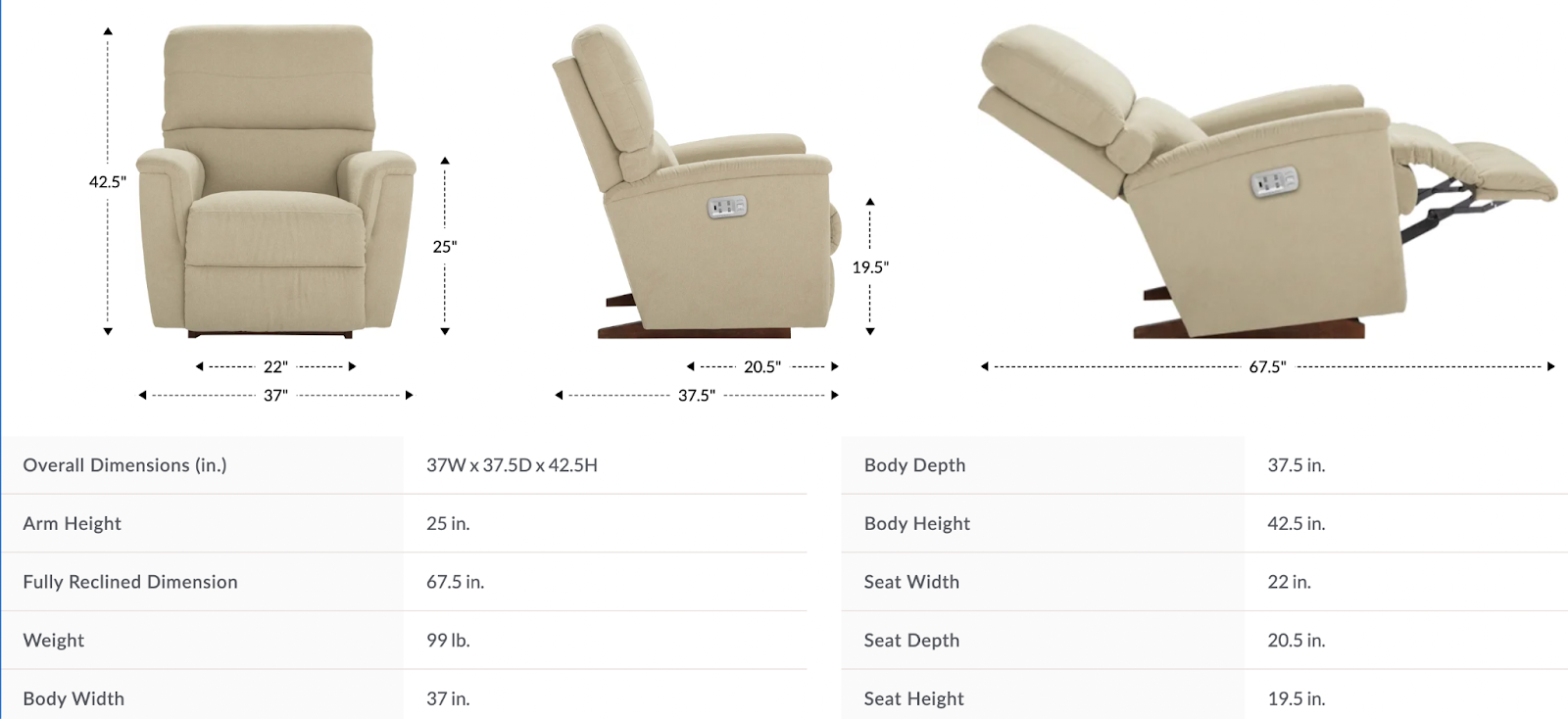 ava power rocking recliner w/ headrest & lumbar dimensions