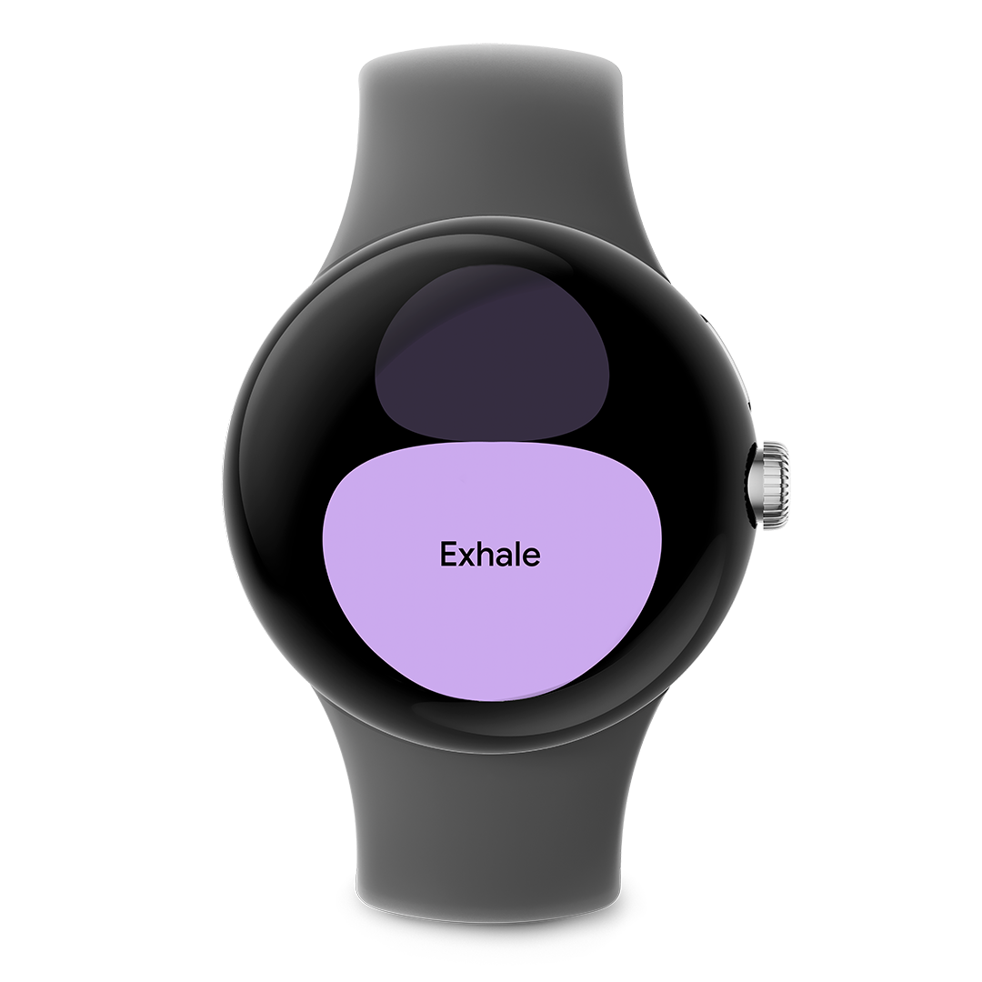 Image 4: Google Pixel Watch的螢幕畫面顯示一個呼吸訓練界面，表盤上寫著「Exhale」，背景為紫色