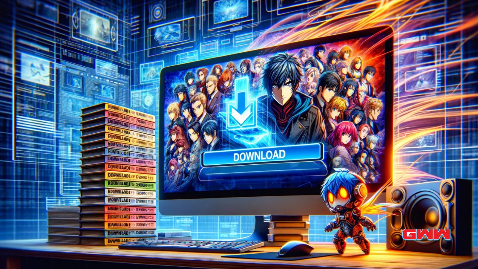 A dynamic and detailed widescreen image illustrating the process of downloading full anime seasons at once.