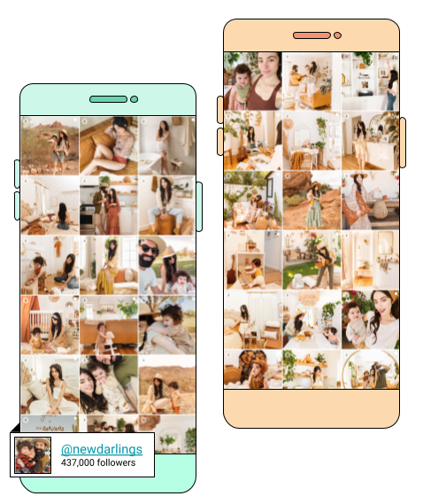 Two images of phone screens featuring aesthetically pleasing Instagram grids with rows of photos