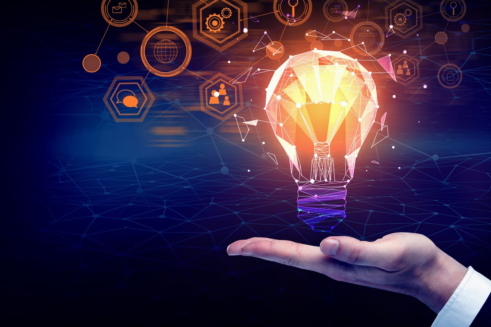 A hand holds a glowing light bulb surrounded by digital icons, symbolizing innovation and technology, akin to how innovative virtual team building activities foster creativity and connectivity.