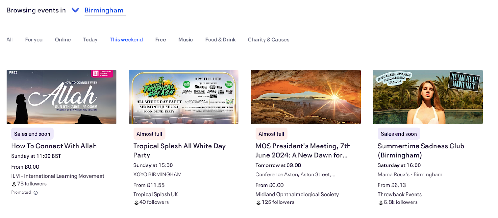 Screenshot of upcoming events on an Eventbrite page