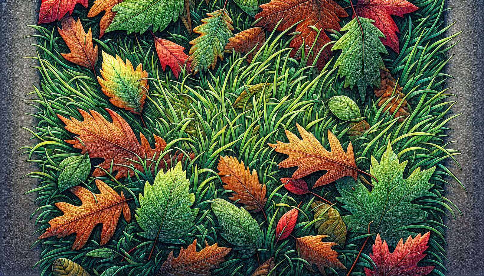 Illustration of a lush green lawn with fallen leaves scattered around