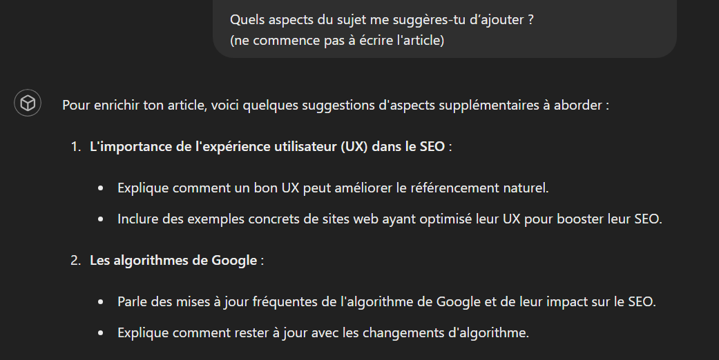 reponse de chatgpt sur un prompt de plan d'article