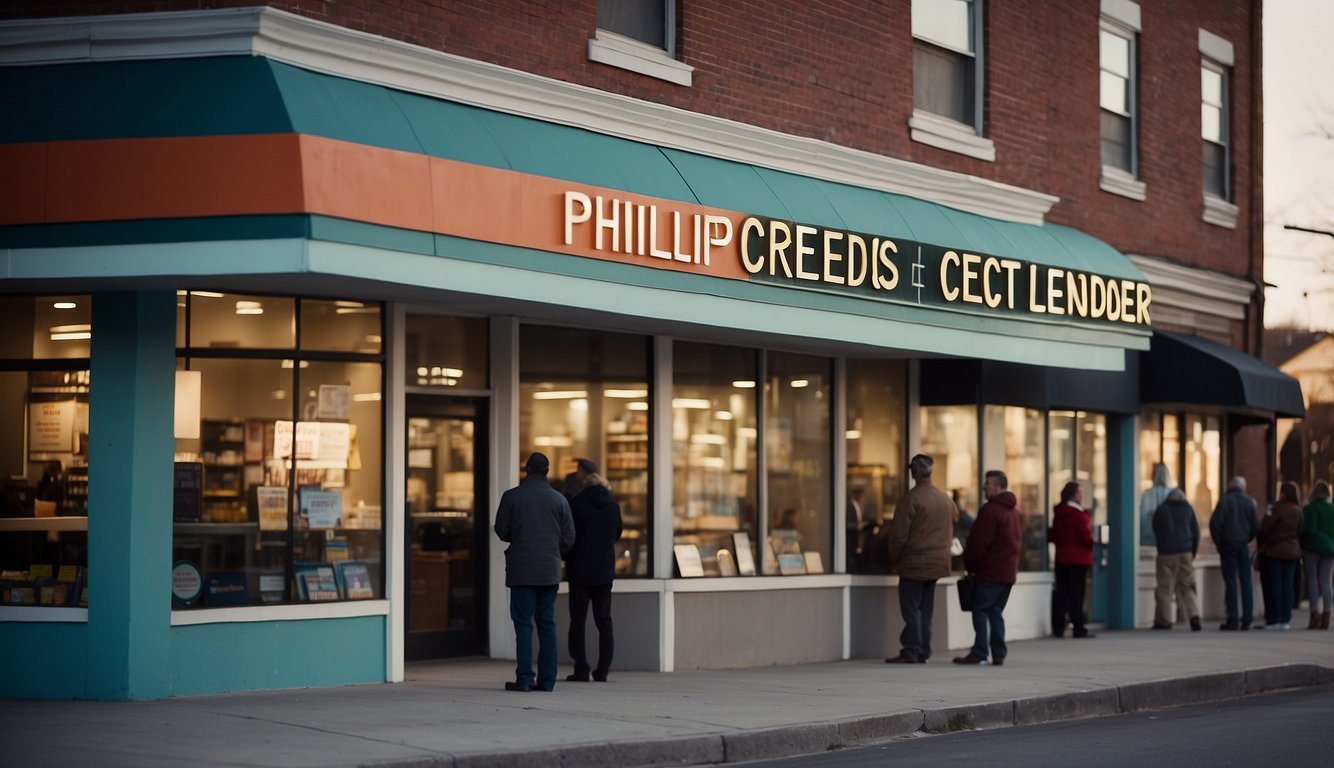 A storefront sign for "Phillip Credit Licensed Money Lender" with a line of customers waiting outside