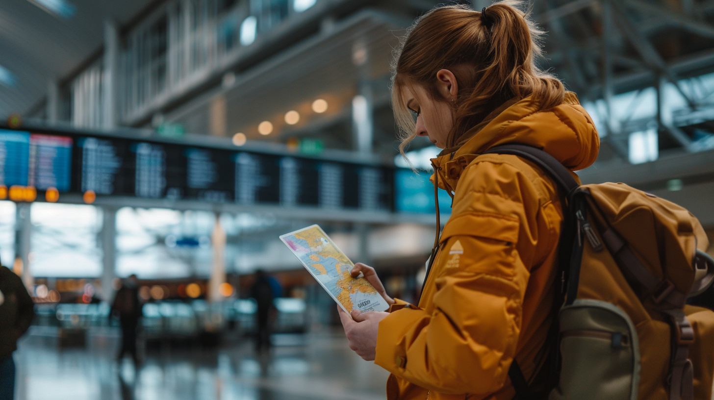 A female traveler holding a map inside the airport.