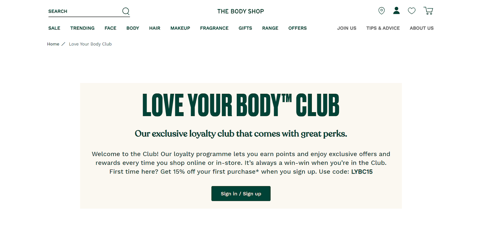 A screenshot of The Body Shop: Love Your Body Club's website