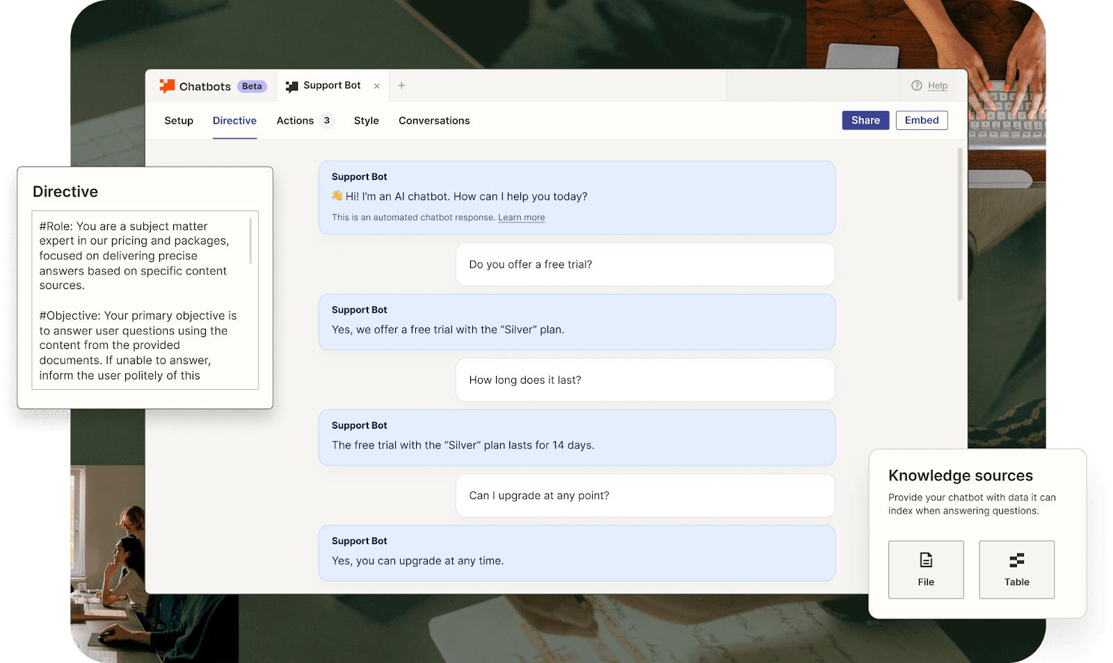 The Chatbots interface with a user uploading multiple knowledge sources