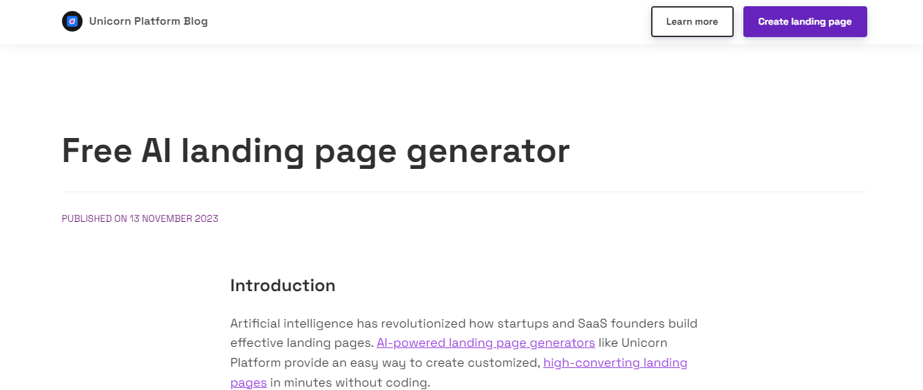 Unicorn Platform AI Landing Page Generator