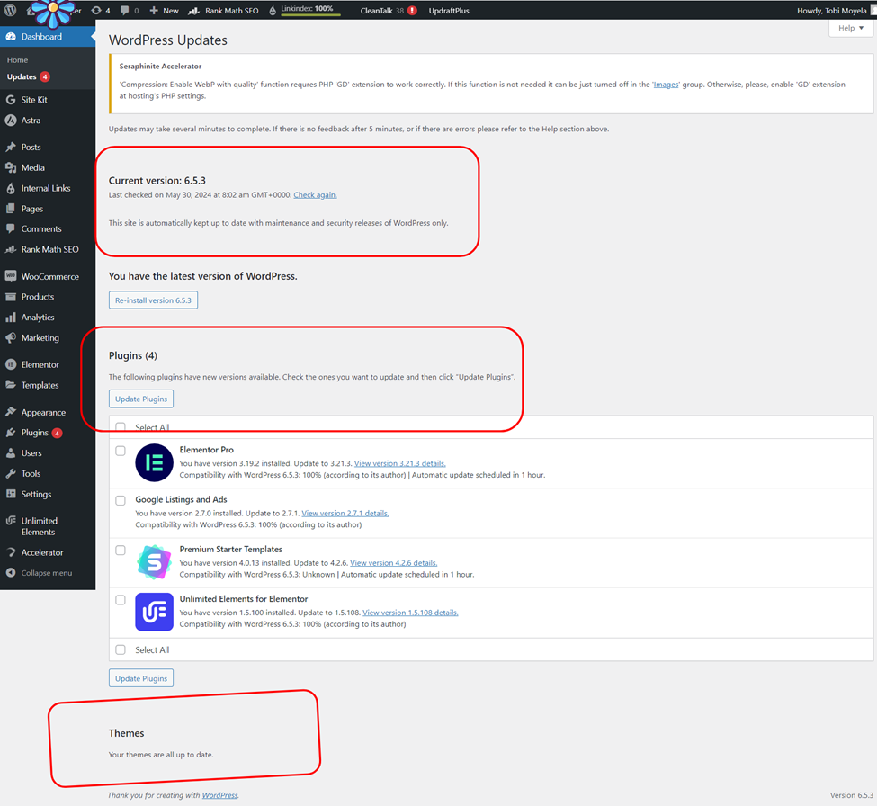 screenshot of wordpress, plugin, and theme update for wp maintenance
