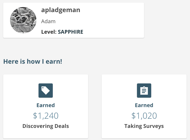 A Swagbucks user profile showing $1,020 earnings for taking surveys and $1,240 earnings for discovering deals. 