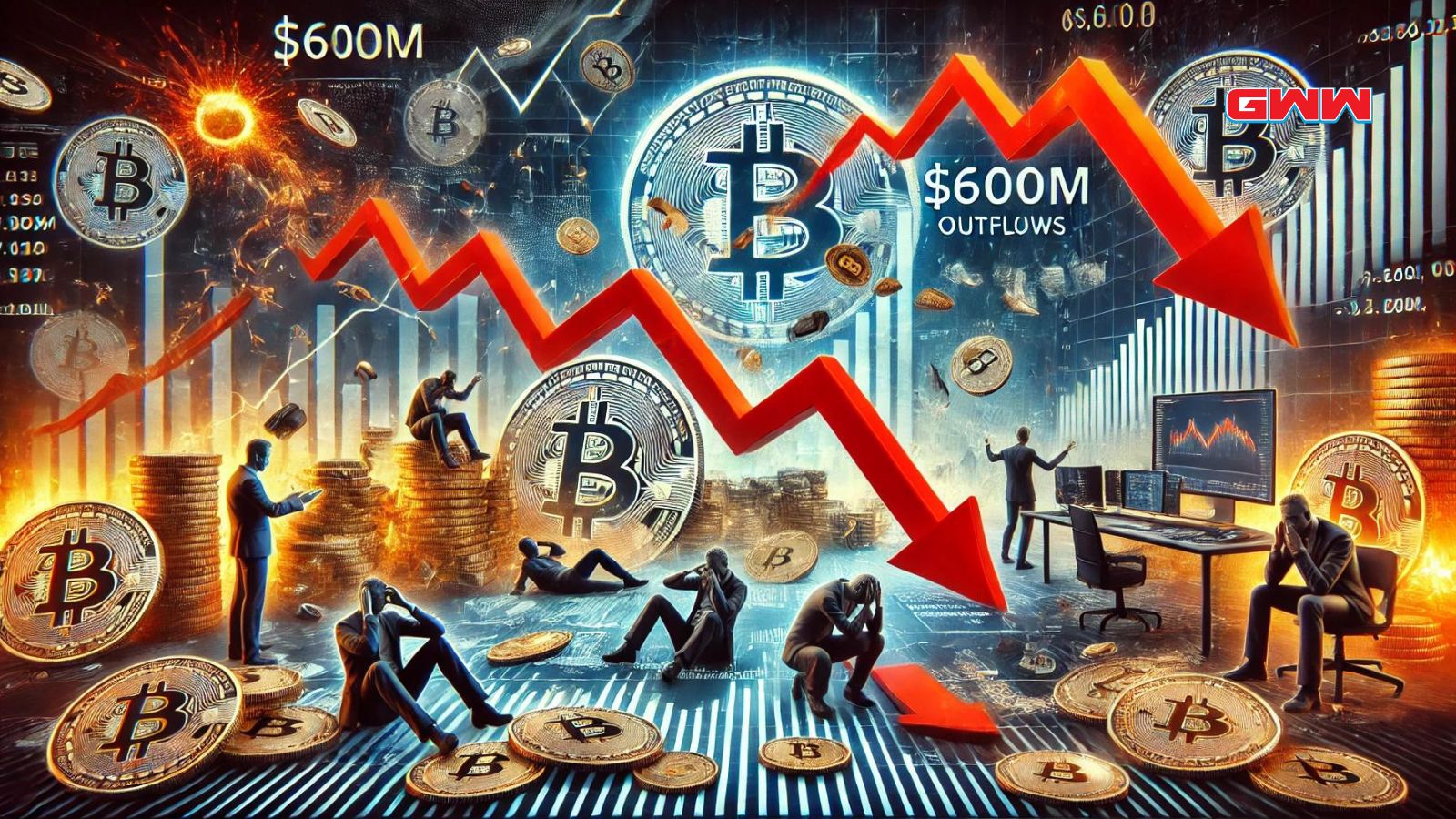 A dramatic scene illustrating over $600M in outflows from Bitcoin investment products