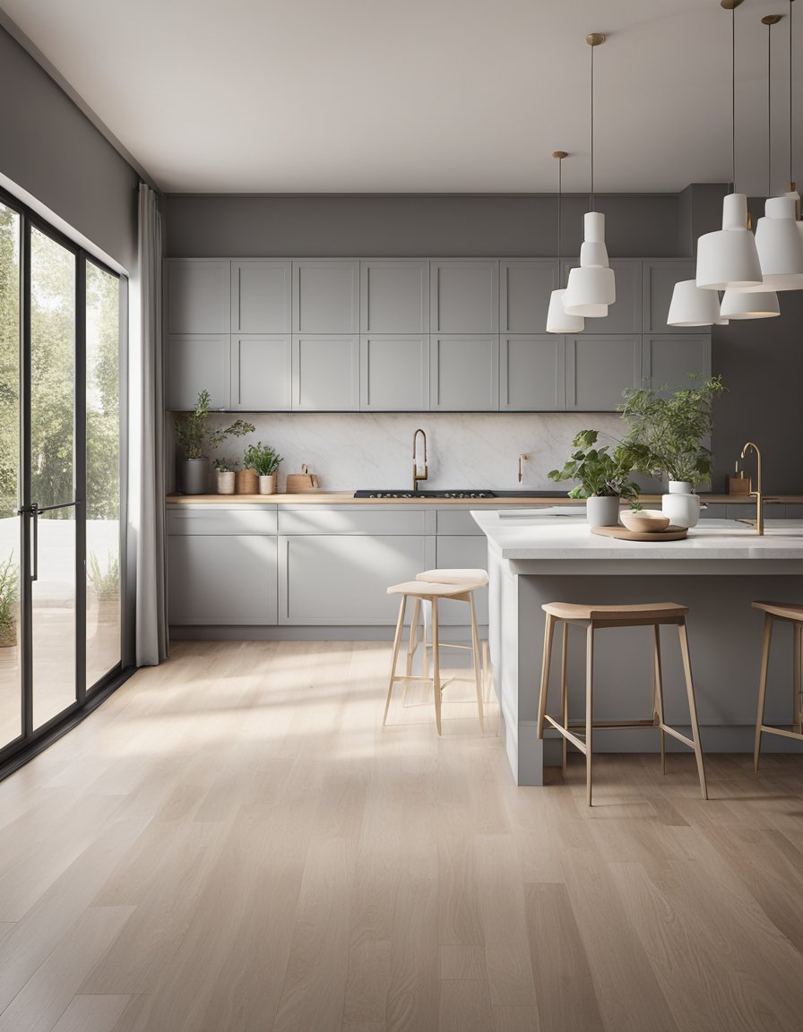 A spacious kitchen with light gray cabinets, clean lines, and minimalist design. Natural light floods the room, highlighting the Scandinavian style