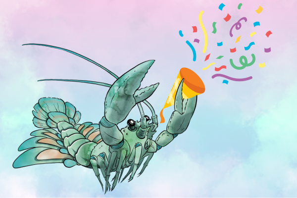 a greensih blue winged lobster holds a confettii cone