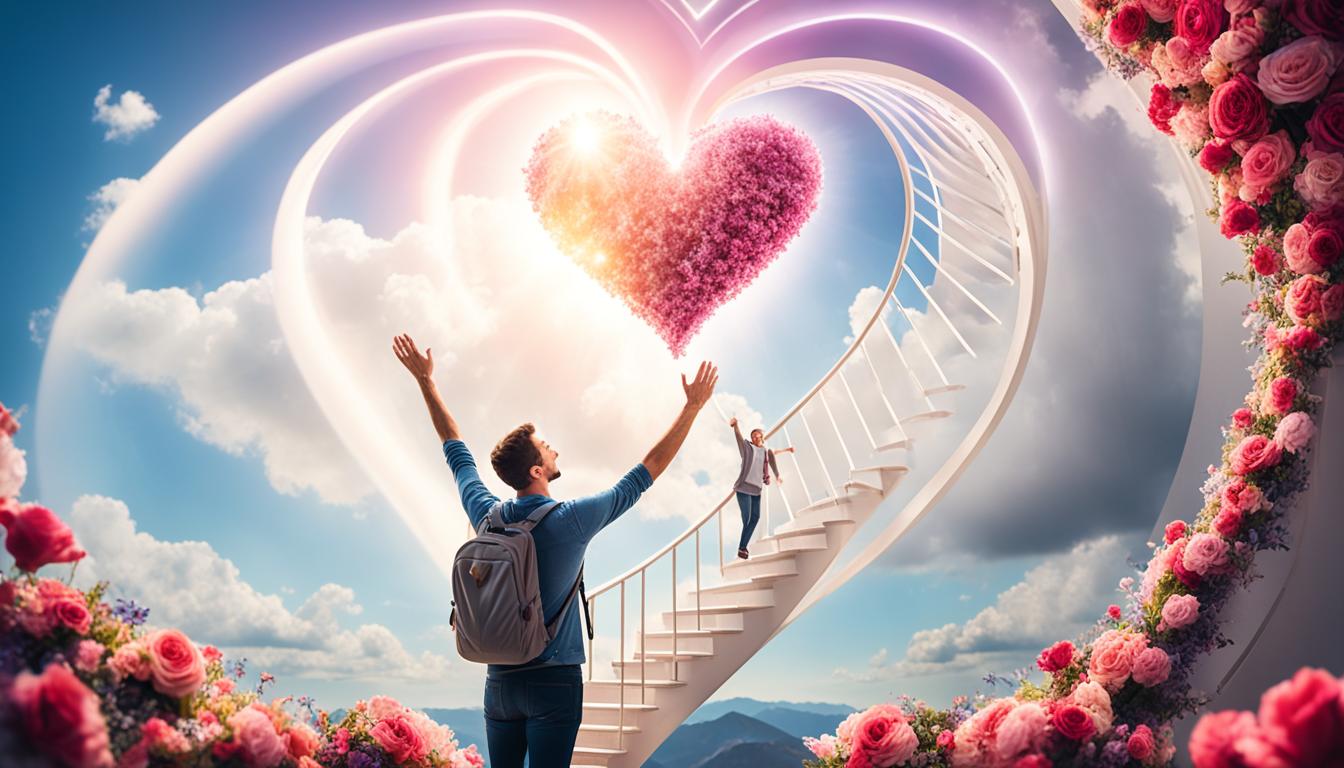 An image of a person standing in front of a large, winding staircase that leads up towards a glowing heart in the sky. The person is holding a bouquet of flowers and looking up towards the heart with a mixture of determination and hope. In the background, there are silhouettes of couples walking hand in hand, indicating the power of manifesting love and relationships. The colors should be warm and inviting, with a focus on golds and pinks to represent love and abundance.