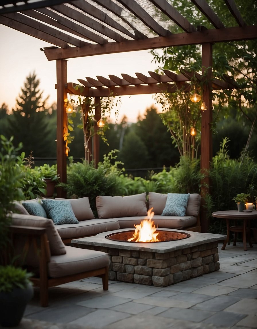 A cozy pergola with a fire pit nestled among lush greenery and comfortable seating, creating a warm and inviting atmosphere