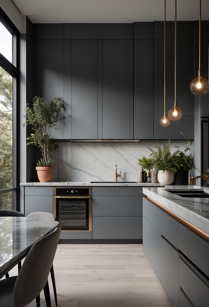 Gray cabinets line the walls, topped with sleek marble countertops. Light streams in through the windows, casting a soft glow on the modern kitchen space