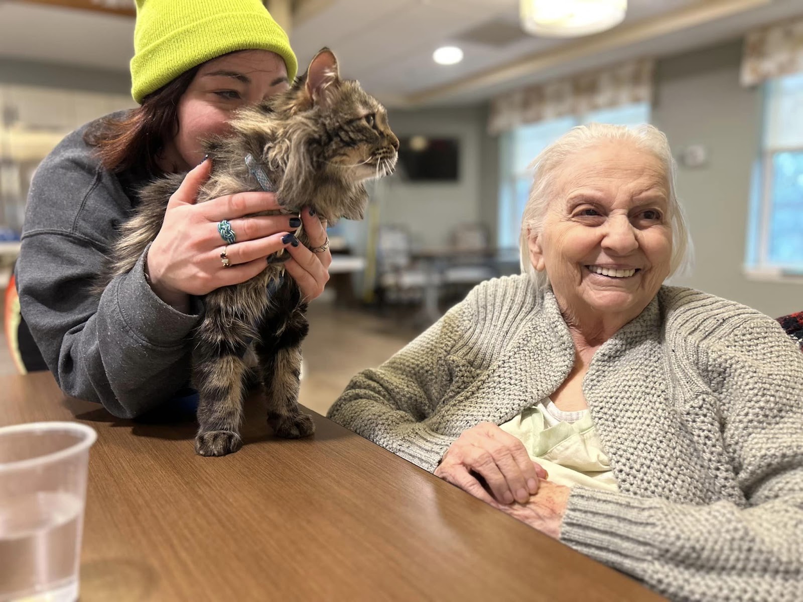 A smiling woman receiving in-home dementia care and pet therapy from a nearby cat