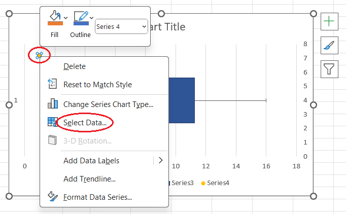 How to select the data when adding the mean point on a horizontal box and whisker plot from scratch in Excel. Image by Author.