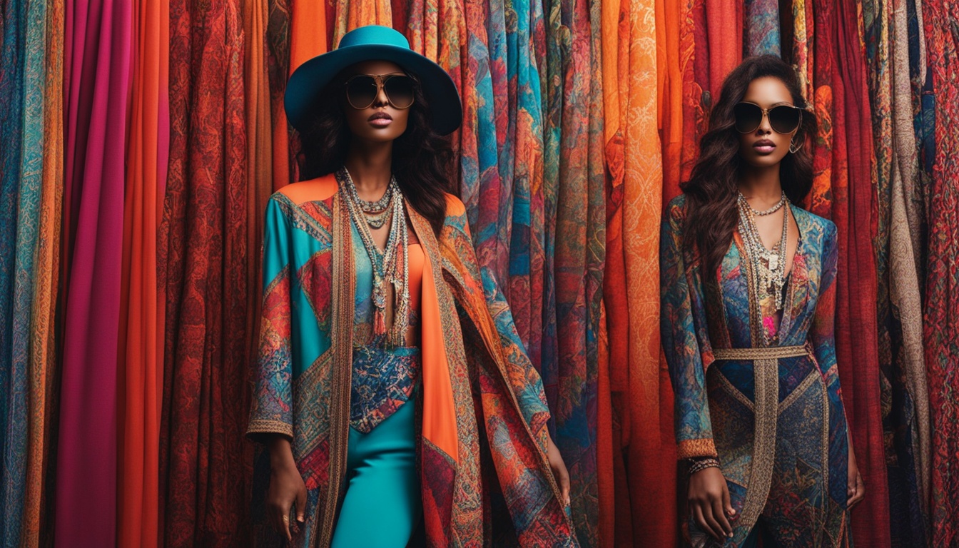 An image of a mannequin dressed in Moda International Clothing that combines different fashion styles such as bohemian, streetwear, and formal wear. The background should feature a collage of different patterns and textures, representing the fusion of diverse fashion elements. The lighting should be bright and colorful to highlight the vibrancy of the fashion fusion.