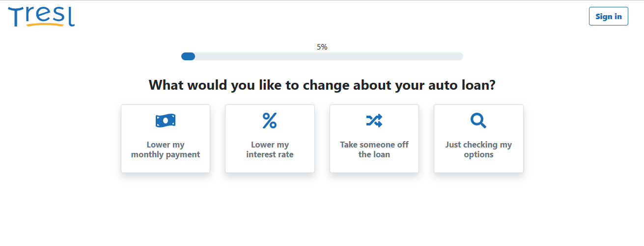 A screenshot of a computer screen showing Tresl's refinancing signup 