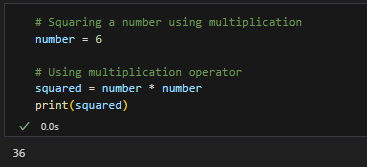 Example output of Python square using multiplication operator.