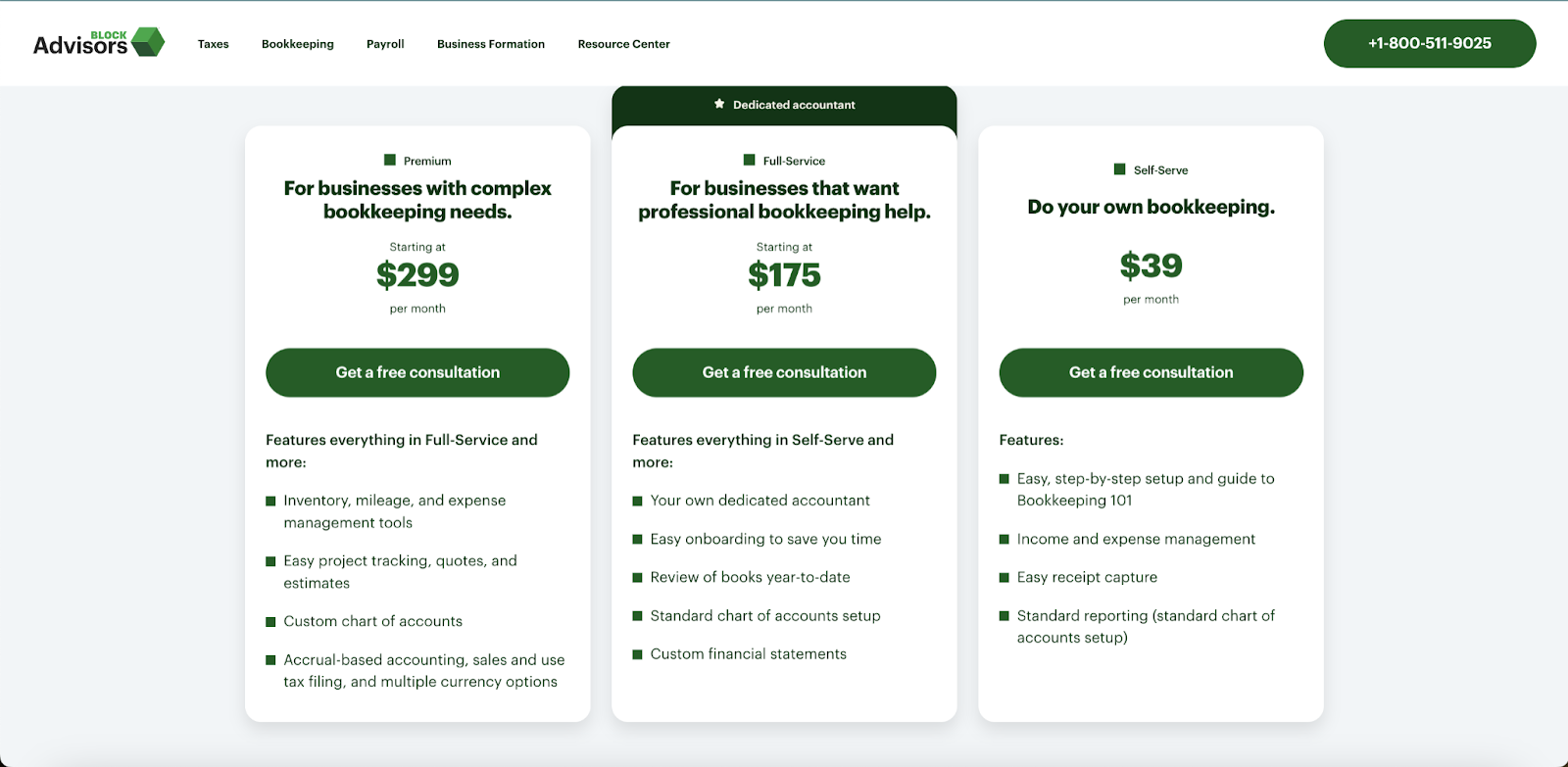 Block Advisors' bookkeeping pricing packages