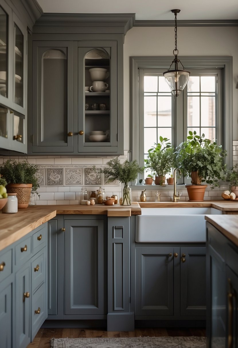 A cozy kitchen with gray cabinets, adorned with traditional details like intricate molding and antique hardware. The room is bathed in warm natural light, casting soft shadows on the elegant cabinetry